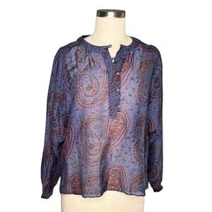ALEX MILL Easy Popover Blouse Paisley Purple Red Women's Size Medium Sheer Knit